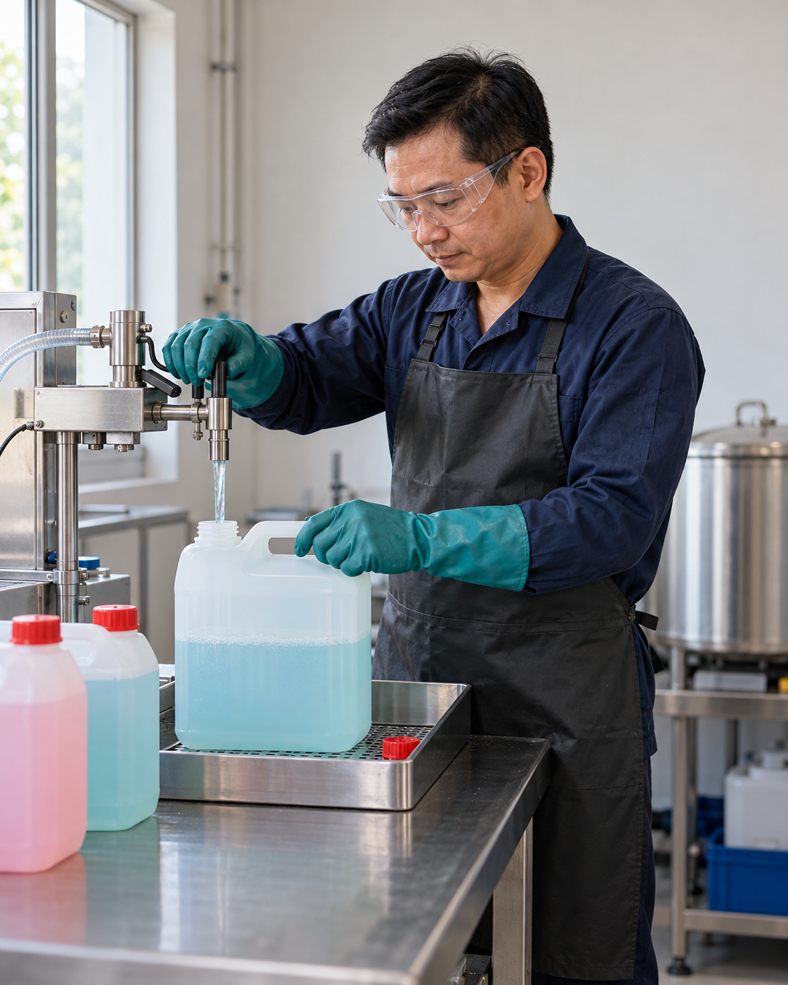 Illustrative cleaning product filling scene at a compact production workbench
